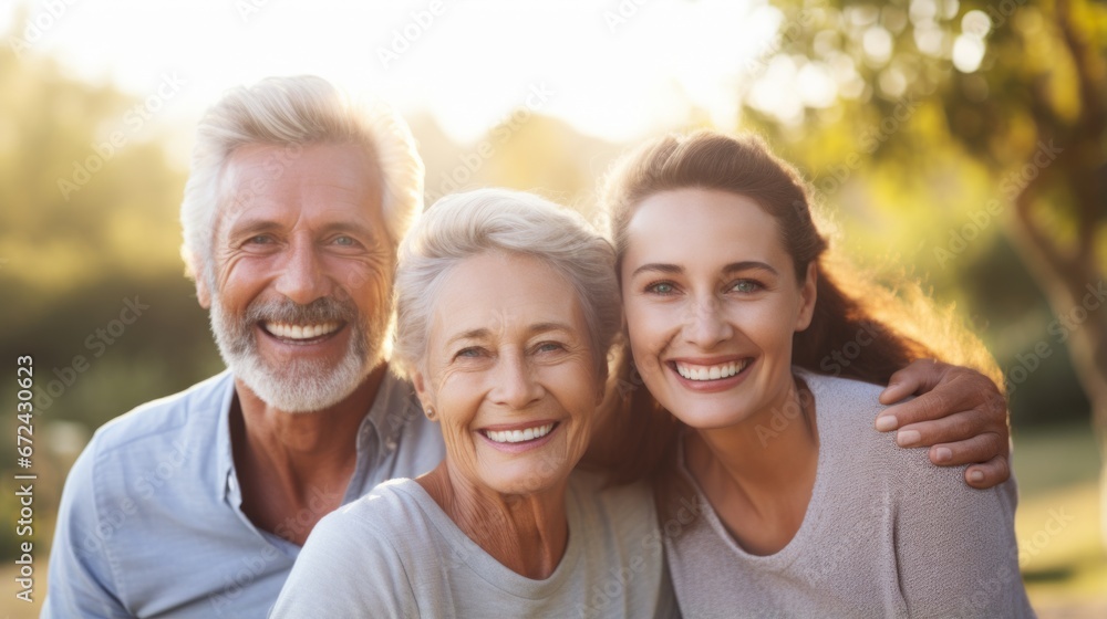 Happy retired couple with their 40-year-old daughter in garden.