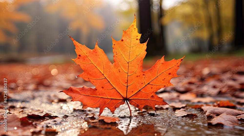  an orange maple leaf sitting on top of a puddle of water in the middle of a forest filled with leaves.  generative ai