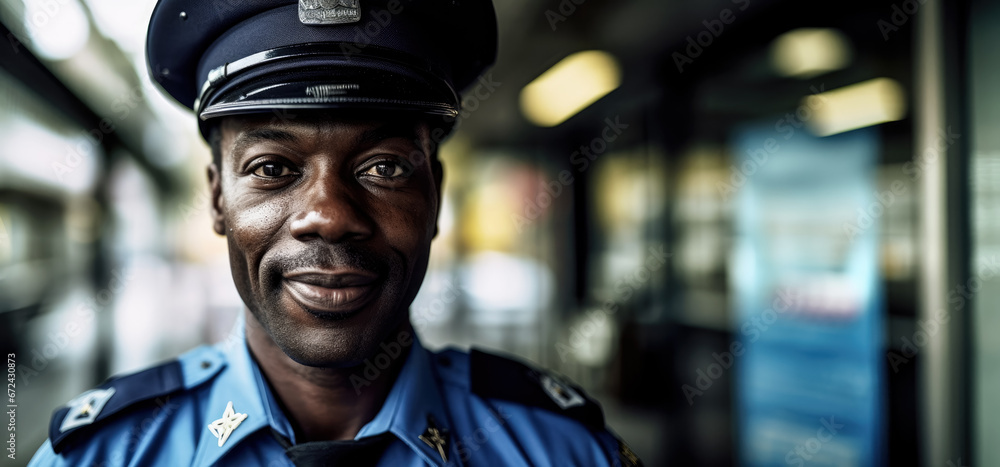 African American man working as police officer or cop, closeup portrait, blurred city background - banner with copy space. Generative AI
