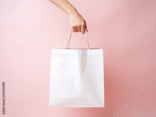 Female hand holding shopping bag, pink background