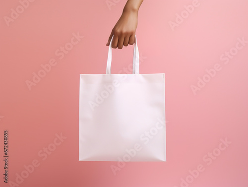Female hand holding shopping bag, pink background