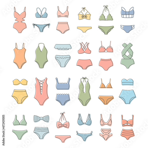 Set of line drawings of women's swimwear, swimsuits bikini on a white background. Women's clothing icons, sketch, vector