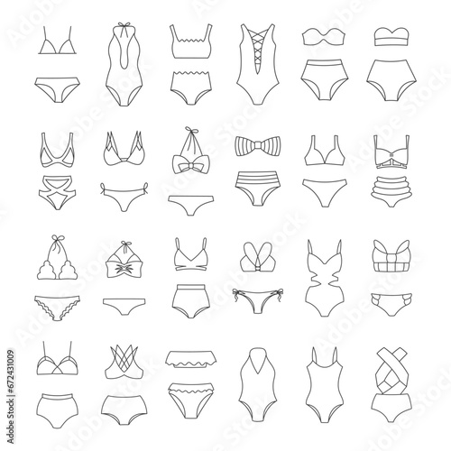 Set of line drawings of women's swimwear, swimsuits bikini on a white background. Women's clothing icons, sketch, vector