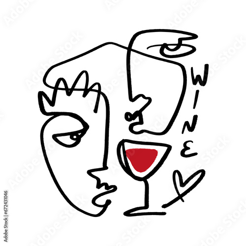One line minimalistic brush grunge abstract face with wine glass. Vector illustration. Modern contemporary art, trendy continuous drawing. Cubism artistic linear portrait. Simple minimal beauty