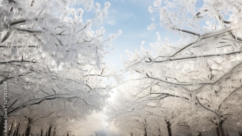  a street with trees covered in ice and snow on both sides of the road and a blue sky in the background. generative ai