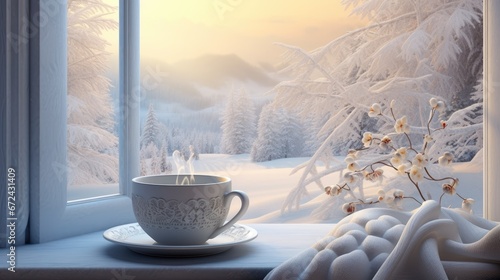  a cup of coffee sitting on top of a window sill next to a window sill covered in snow.  generative ai photo