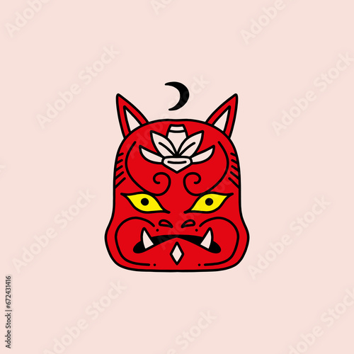 Red demon angry Japanese red mask square vector illustration card, isolated graphics on background.