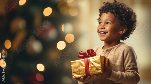 A young boy in festive pajamas reaching for a gift with a golden bow, joyful child looking for gifts under the tree, blurred background, with copy space © Катерина Євтехова