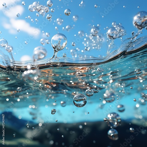 Bubbles in water with blue sky background. Abstract background.