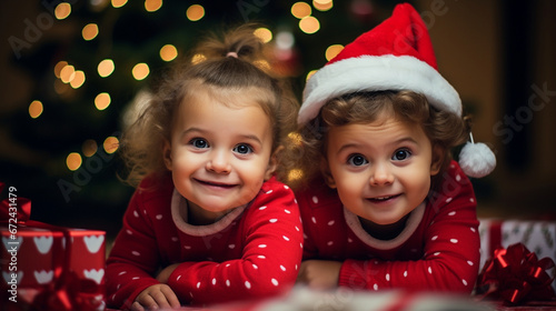 Twins in matching outfits, eyes wide with anticipation, peeking under the Christmas tree, joyful child looking for gifts under the tree, blurred background, with copy space