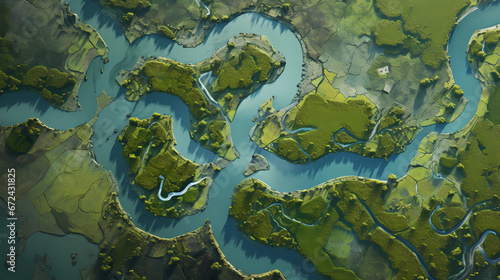 Aerial Serenity: River Delta's Lush Green Landscape