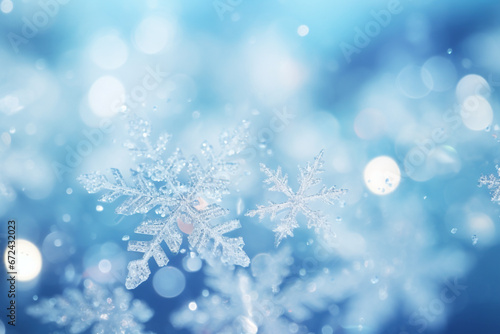 Snowlake in macro on a blue background. Winter season. High quality photo