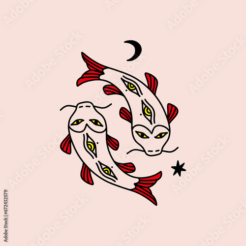 Koi fish mascot coulpe Japanese asian ponds square vector illustration card, isolated graphics on background. photo