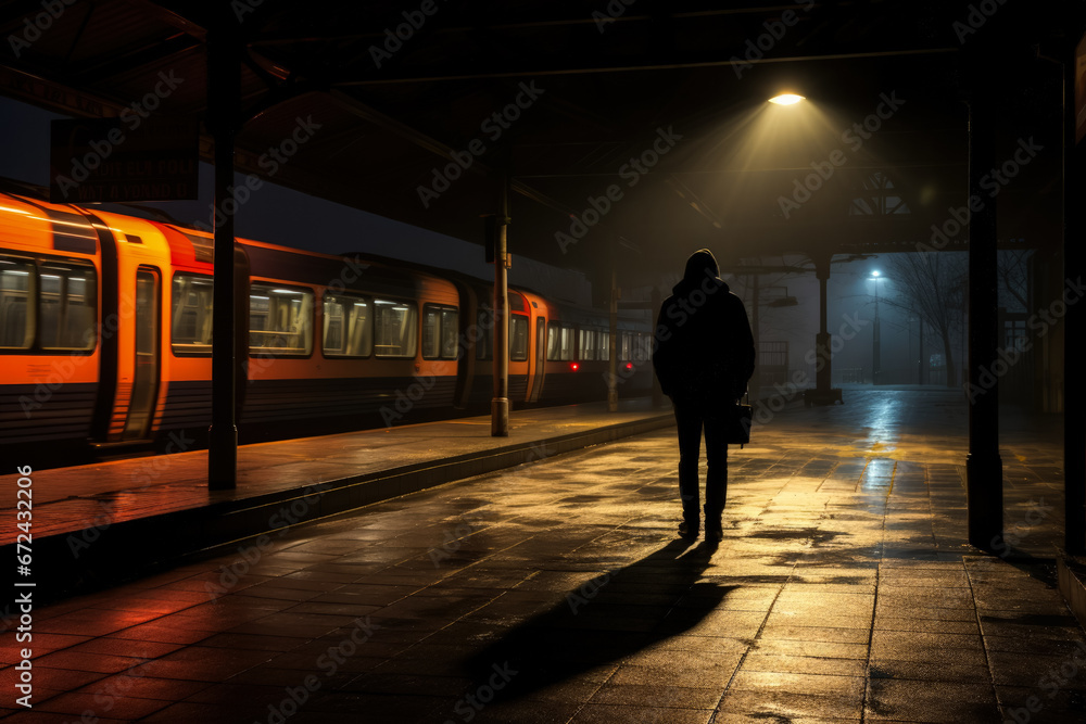 Lone figure battling internal turmoil at an empty dimly lit station 