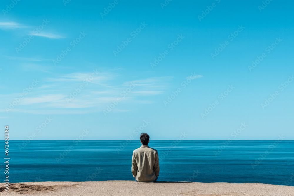 Desolate individual gazing out to sea isolated on a blue gradient background 