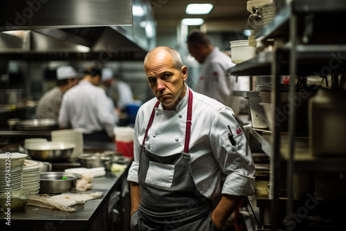 Chef somberly contemplates amidst the chaos of a busy professional kitchen 