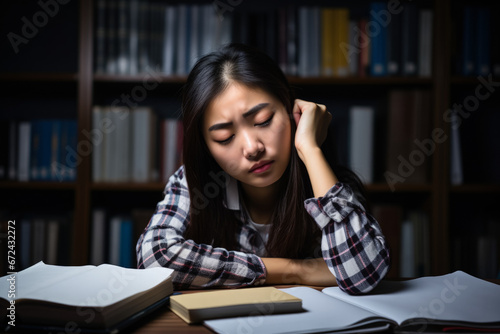 Depressed university student in dormitory room isolated on a gradient background  photo