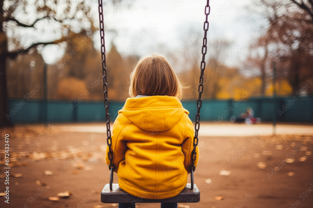 Child alone on playground swing background with empty space for text  - obrazy, fototapety, plakaty 