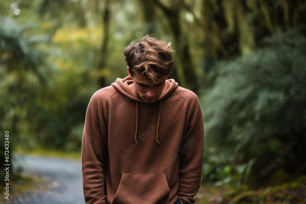 Naklejka premium Distraught young adult in serene woodland background with empty space for text 