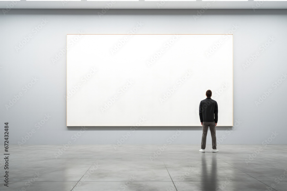 Individual contemplating art in desolate gallery background with empty space for text Individual contemplating art in desolate gallery background with empty space for text