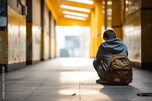 Teenager sitting alone in school hallway background with empty space for text  photo