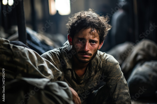 Traumatized soldier alone in barracks showcasing visible signs of emotional void  photo