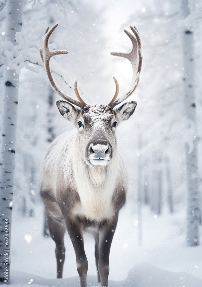deer in winter with snow falling at night, with a soft glow