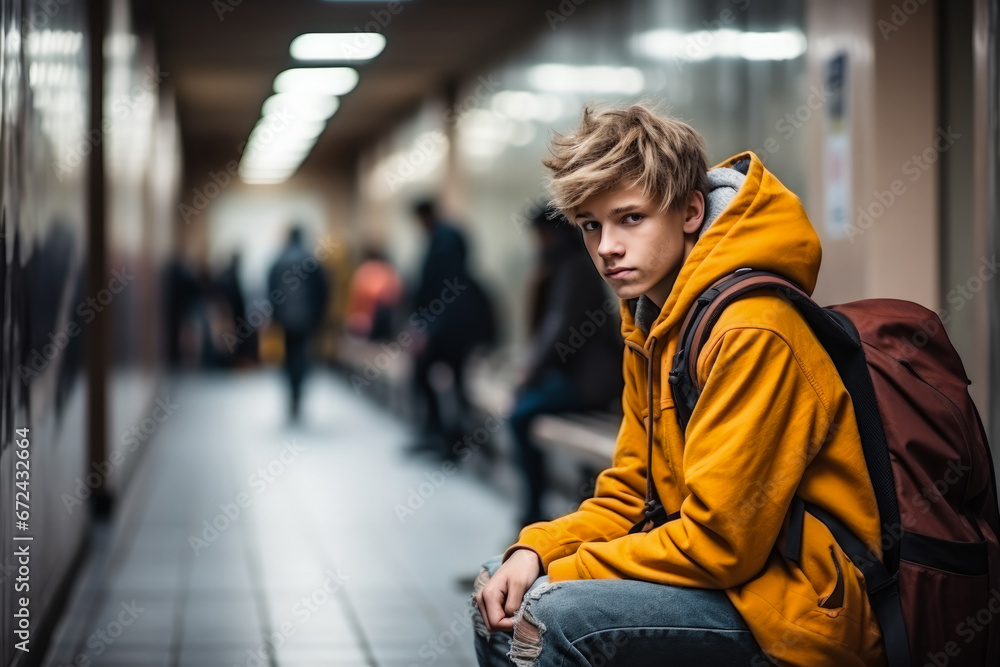 Teenager sitting alone in school hallway background with empty space for text 