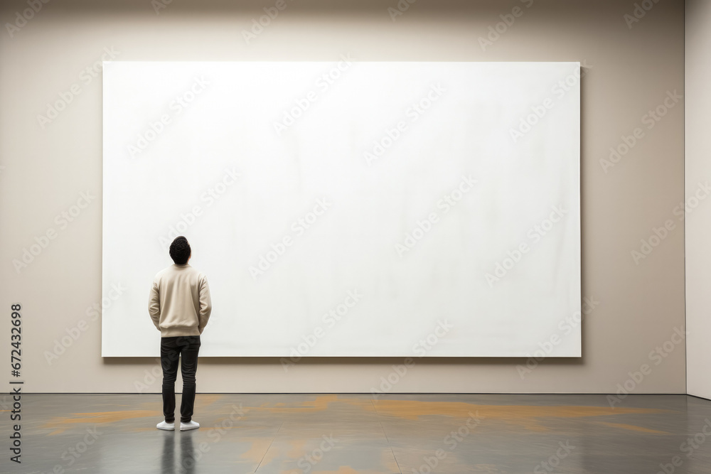 Individual contemplating art in desolate gallery background with empty space for text Individual contemplating art in desolate gallery background with empty space for text