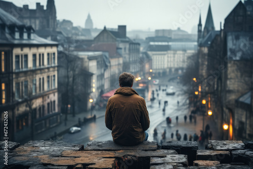 Lonely adult male in gritty cityscape background with empty space for text  photo