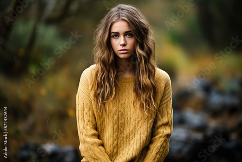 Distraught young adult in serene woodland background with empty space for text 