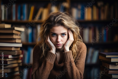 Sad woman amidst books in a quiet bookstore background with empty space for text  © fotoworld