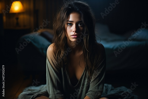 Depressed young woman in dimly lit room background with empty space for text 