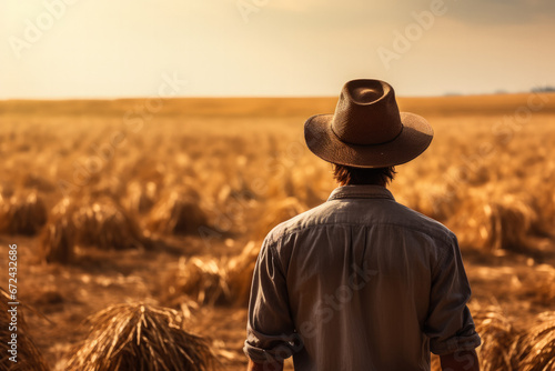 Distressed farmer in barren field background with empty space for text 