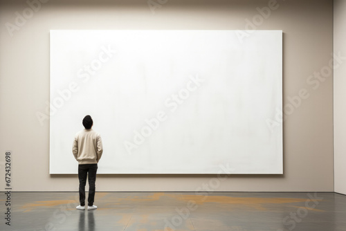 Individual contemplating art in desolate gallery background with empty space for text 