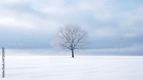  a lone tree stands alone in the middle of a snow - covered field with a blue sky in the background. generative ai