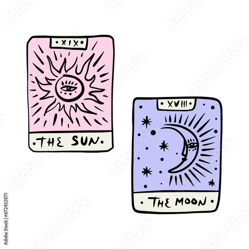 The Sun and The Moon. Tarot logo or label, magic cards reader, hand-drawn sketch brush simple minimal print for magical esoteric souvenirs. Witchy female hand drawn magic love fortune spell occultism