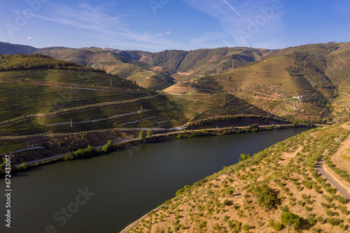 Drone footage of vineyards on the banks of the Duoro in Portugal's Duoro Valley