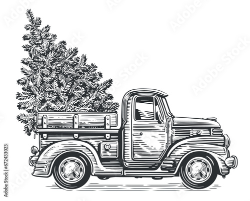 Christmas retro truck with pine tree in sketch style. Hand drawn vintage vector illustration