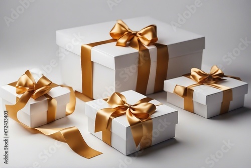 White gift boxes with gold ribbon bows isolated on a gray background © FrameFinesse