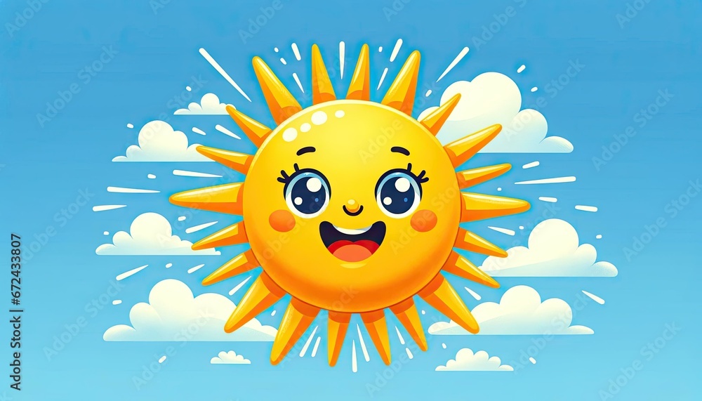 Cheerful Yellow Sun with Smiling Face Illustration on Blue Sky Background, Perfect for Children's Book Cheerful Yellow Sun with Smiling Face Illustration on Blue Sky Background, Perfect for Children's Book