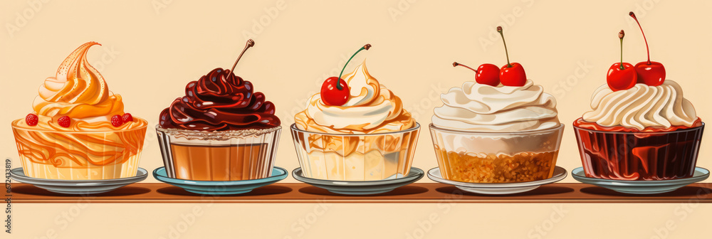Retro illustrations of Thanksgiving desserts in caramel apple red vanilla and pecan hues  - obrazy, fototapety, plakaty 