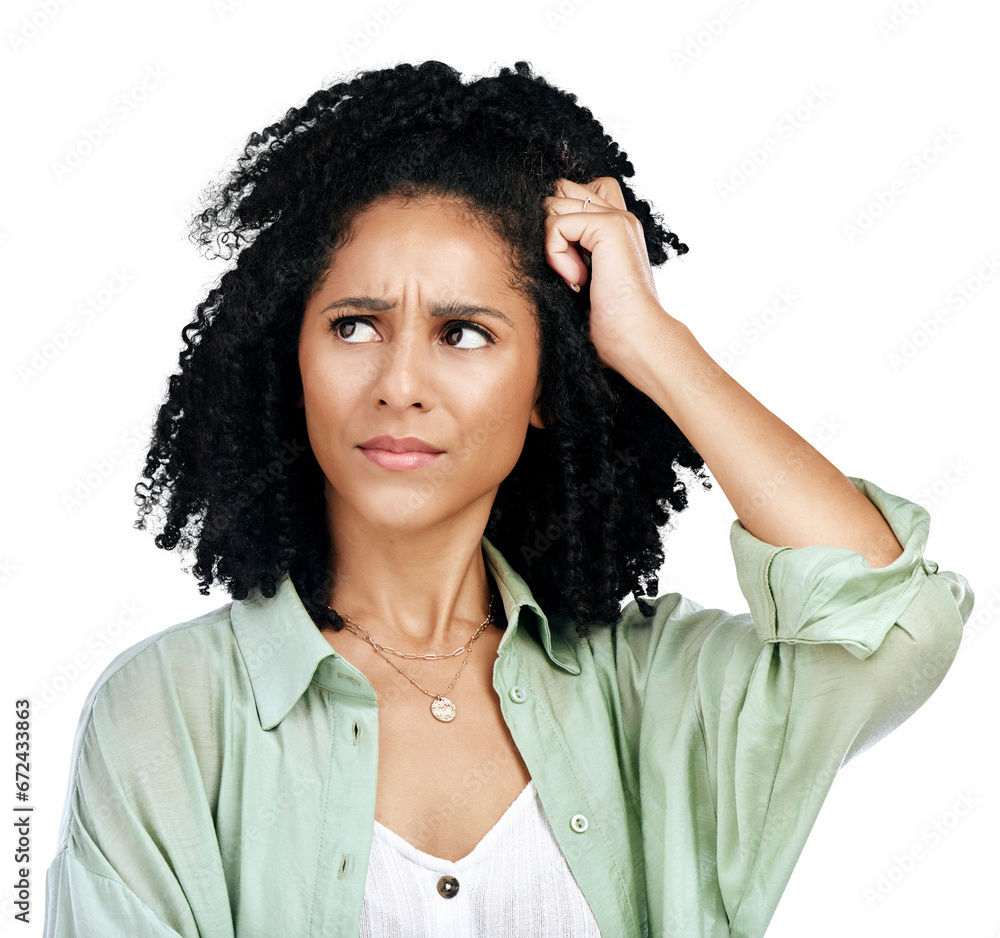 Thinking, stress and woman in studio with anxiety on isolated ...