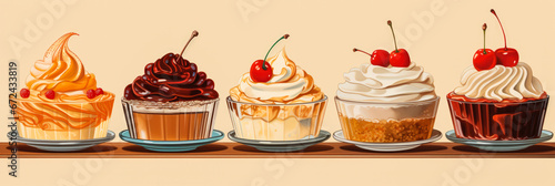 Retro illustrations of Thanksgiving desserts in caramel apple red vanilla and pecan hues 