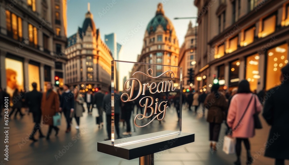 'Dream Big' Sign on City Street at Golden Hour with Diverse Pedestrians