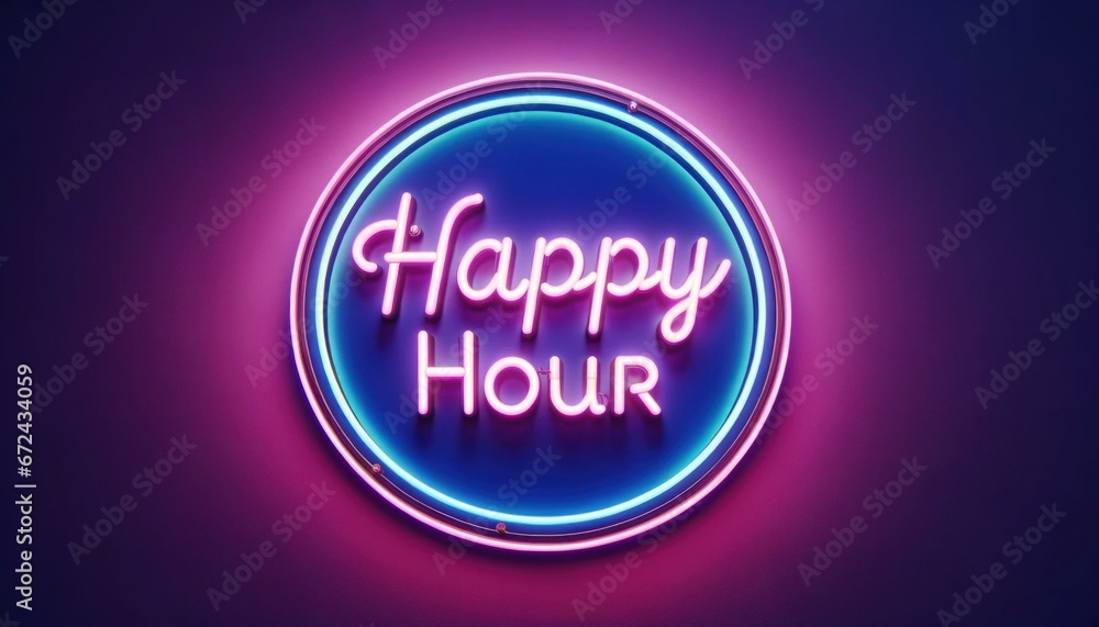 Neon-Lit Circular Sign Announcing 'Happy Hour' on Dark Purple Backdrop for Evening Promotions Neon-Lit Circular Sign Announcing 'Happy Hour' on Dark Purple Backdrop for Evening Promotions