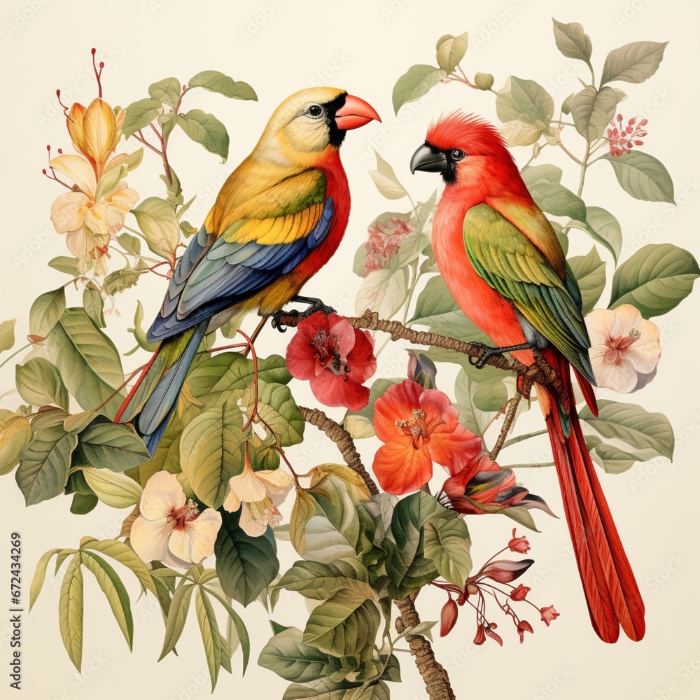 Beautiful tropical birds prints botanical feather illustration picture AI generated art