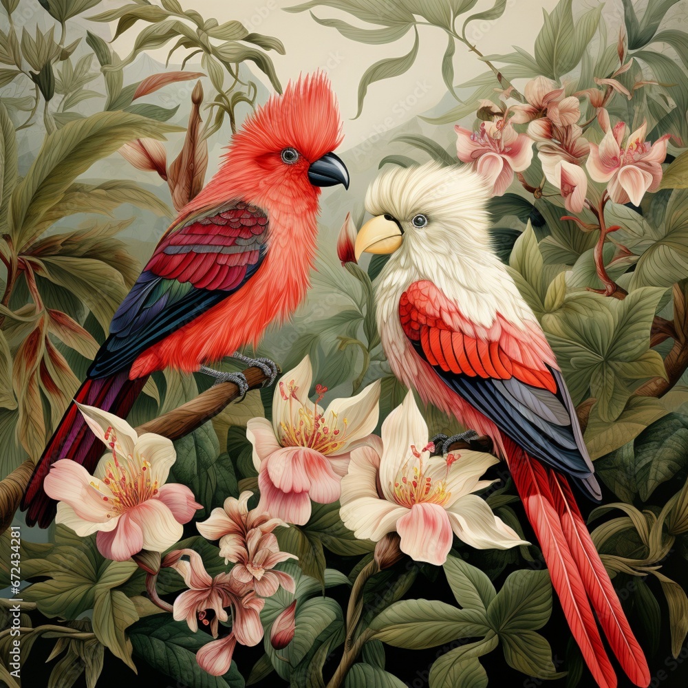 Obraz premium Beautiful tropical birds prints botanical feather illustration picture AI generated art