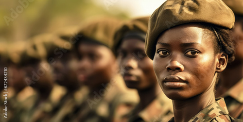 Group of black African female soldiers in digital camouflage uniforms, military parade or presentation, Generative AI photo