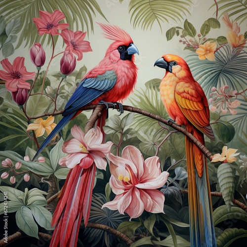 Beautiful tropical birds prints botanical feather illustration picture AI generated art © Biplob